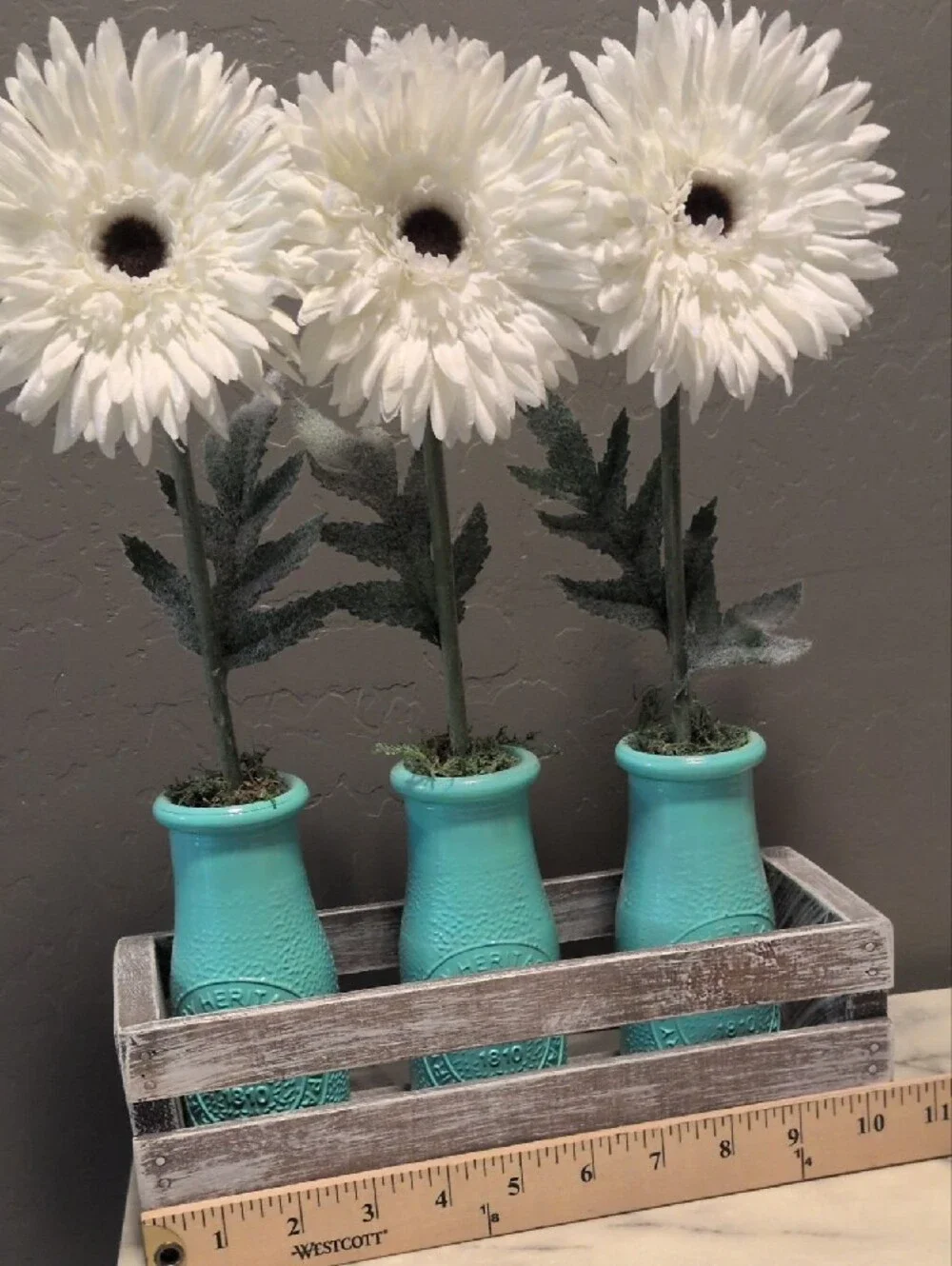 Home Accents Turquoise Vase Trio with White Faux Flowers & Wooden Crate